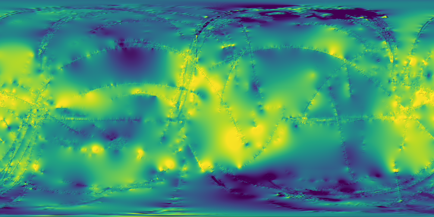 Titan's global topography in false color, low areas dark blue and high areas pale